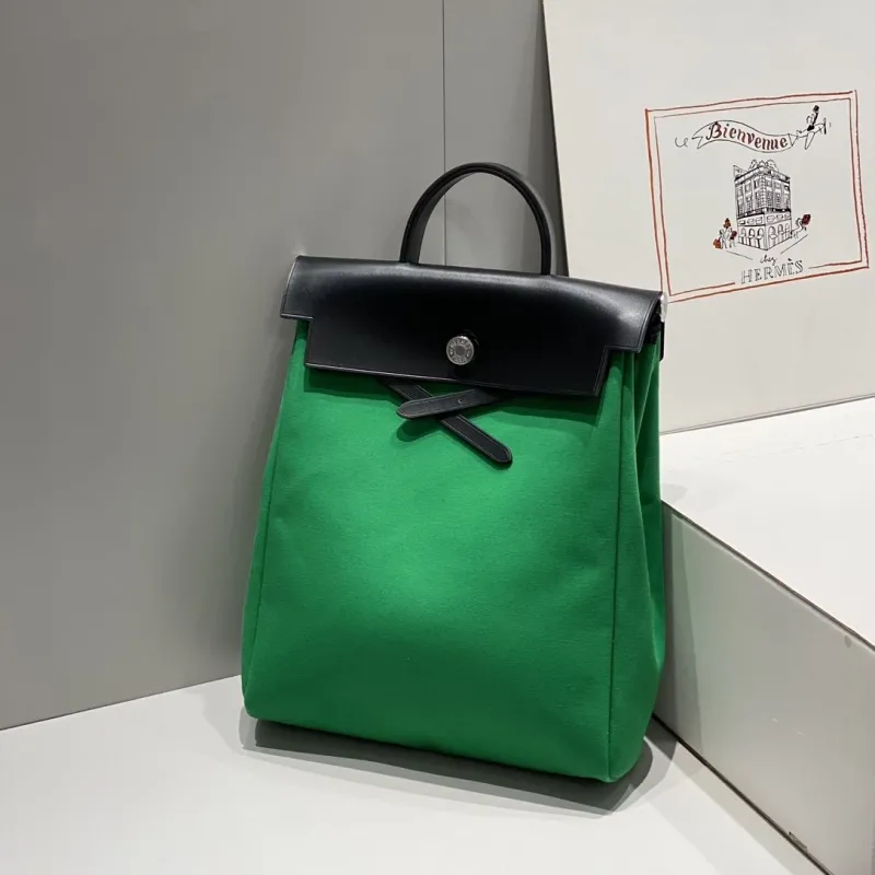 Hermes Green Black Canvas Leather Backpack - Image 3