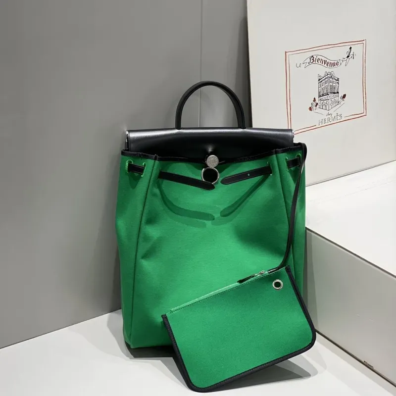 Hermes Green Black Canvas Leather Backpack - Image 4
