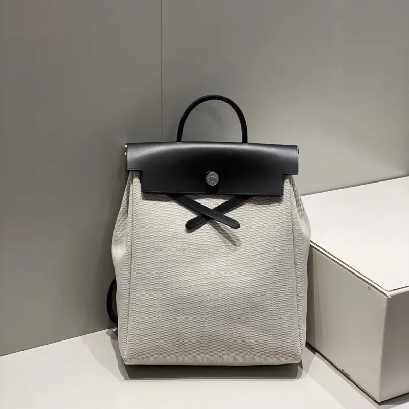 Hermes Light Gray Black Canvas Leather Backpack - Image 3