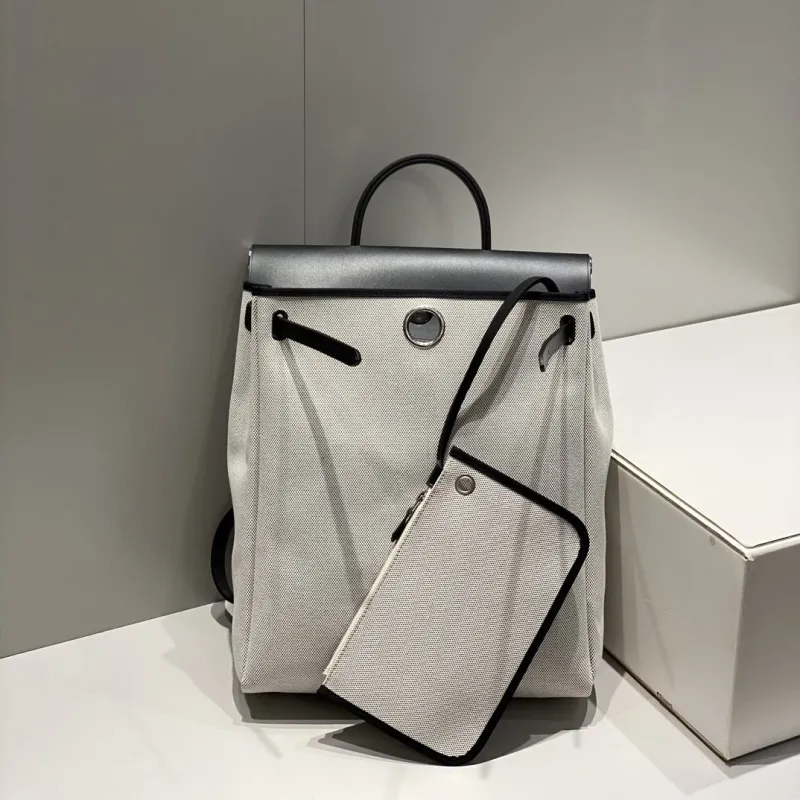 Hermes Light Gray Black Canvas Leather Backpack - Image 4