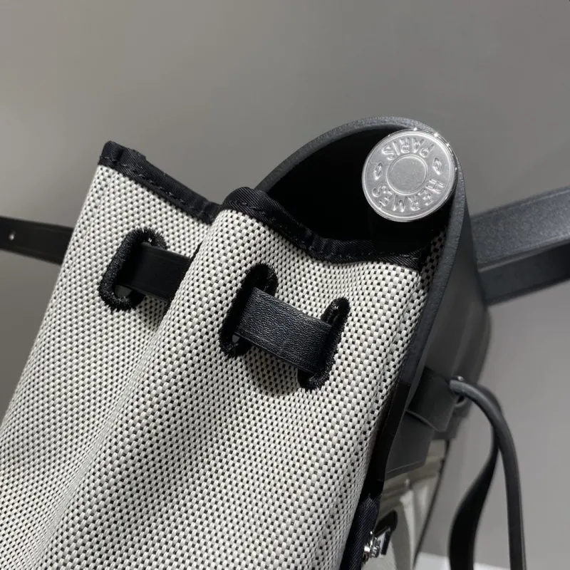 Hermes Light Gray Black Canvas Leather Backpack - Image 6