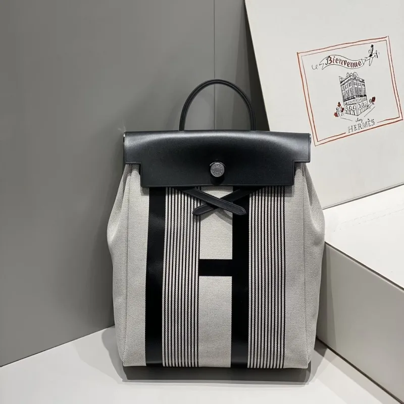 Hermes Black and Gray Striped Canvas Backpack - Image 3