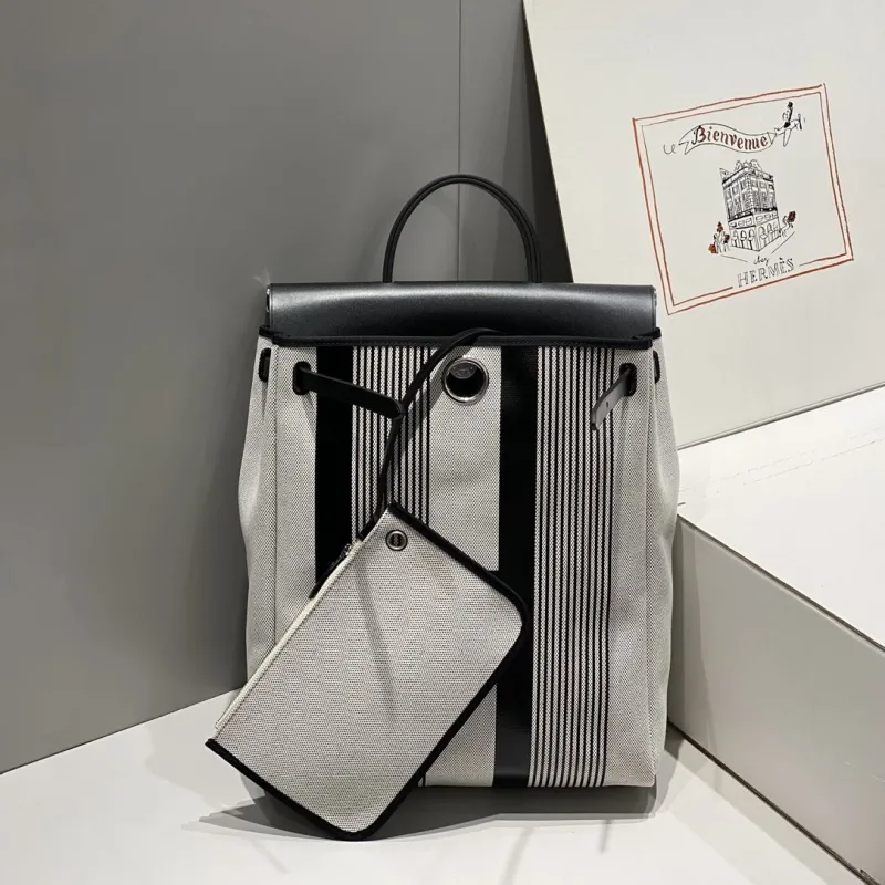 Hermes Black and Gray Striped Canvas Backpack - Image 4