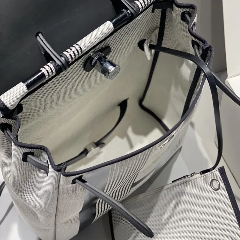 Hermes Black and Gray Striped Canvas Backpack - Image 9