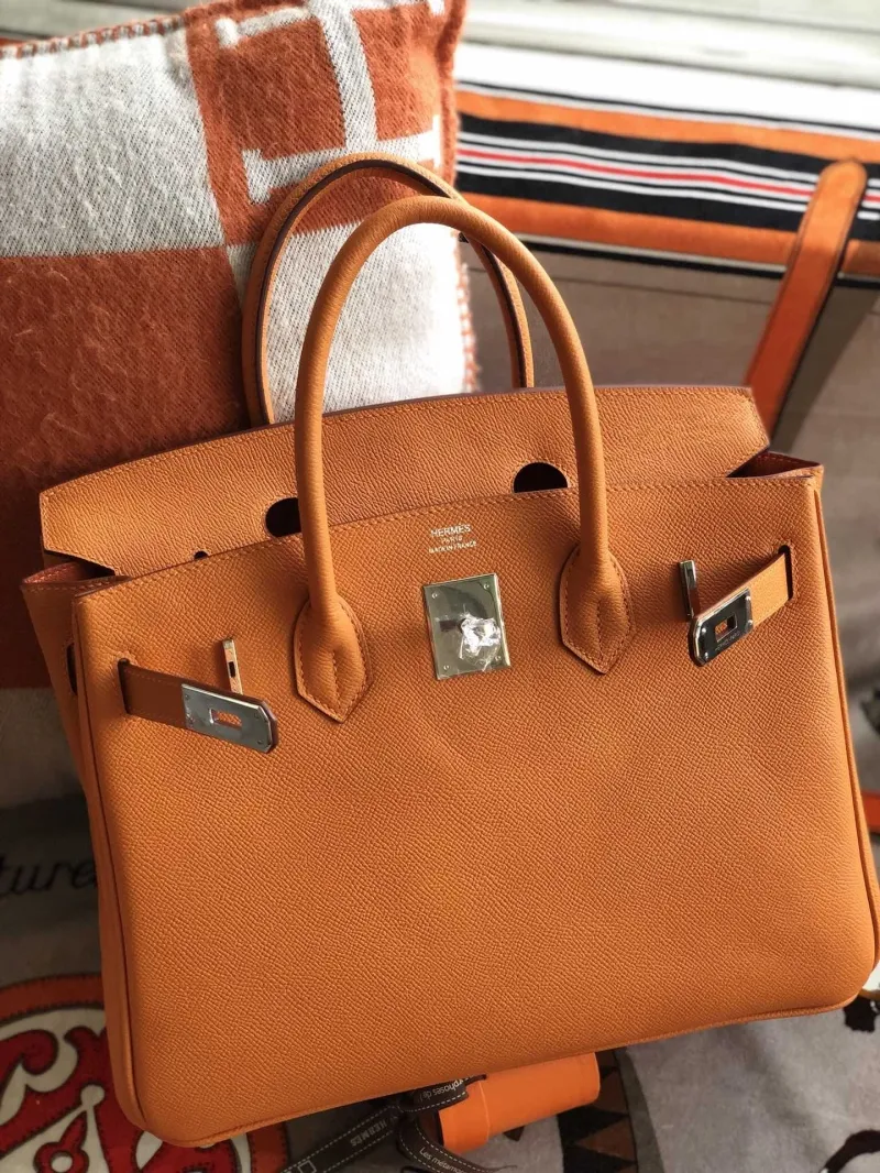 Hermes Orange Birkin Leather Handbag - Image 8