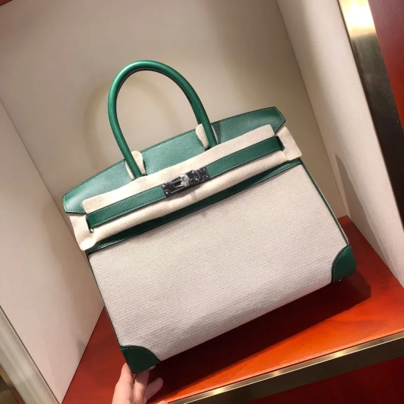 Hermes Birkin 25 Green Canvas Leather Handbag - Image 3