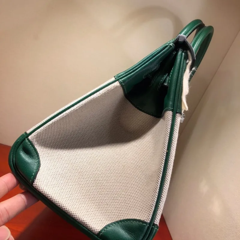 Hermes Birkin 25 Green Canvas Leather Handbag - Image 5