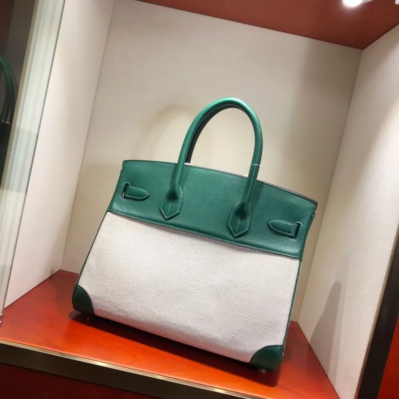Hermes Birkin 25 Green Canvas Leather Handbag - Image 6