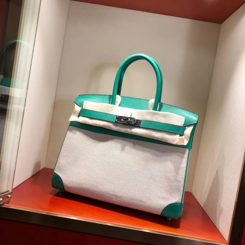 Hermes Birkin 28 Turquoise White Canvas Leather Handbag