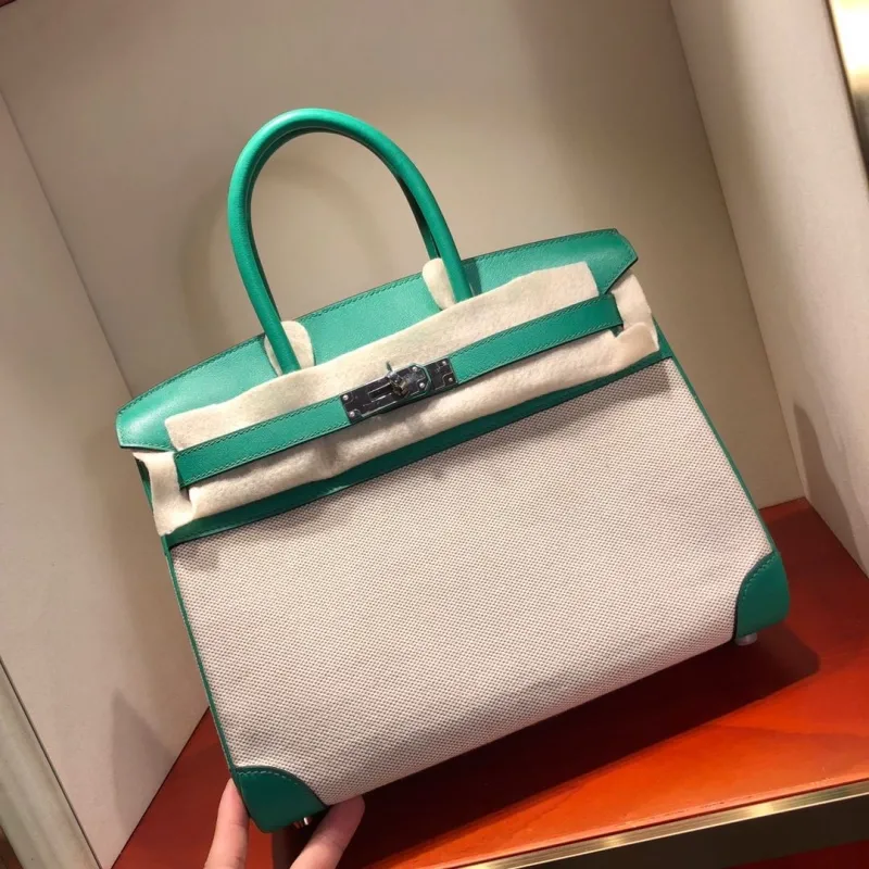 Alternative view of Hermes Birkin 28 Turquoise White Canvas Leather Handbag