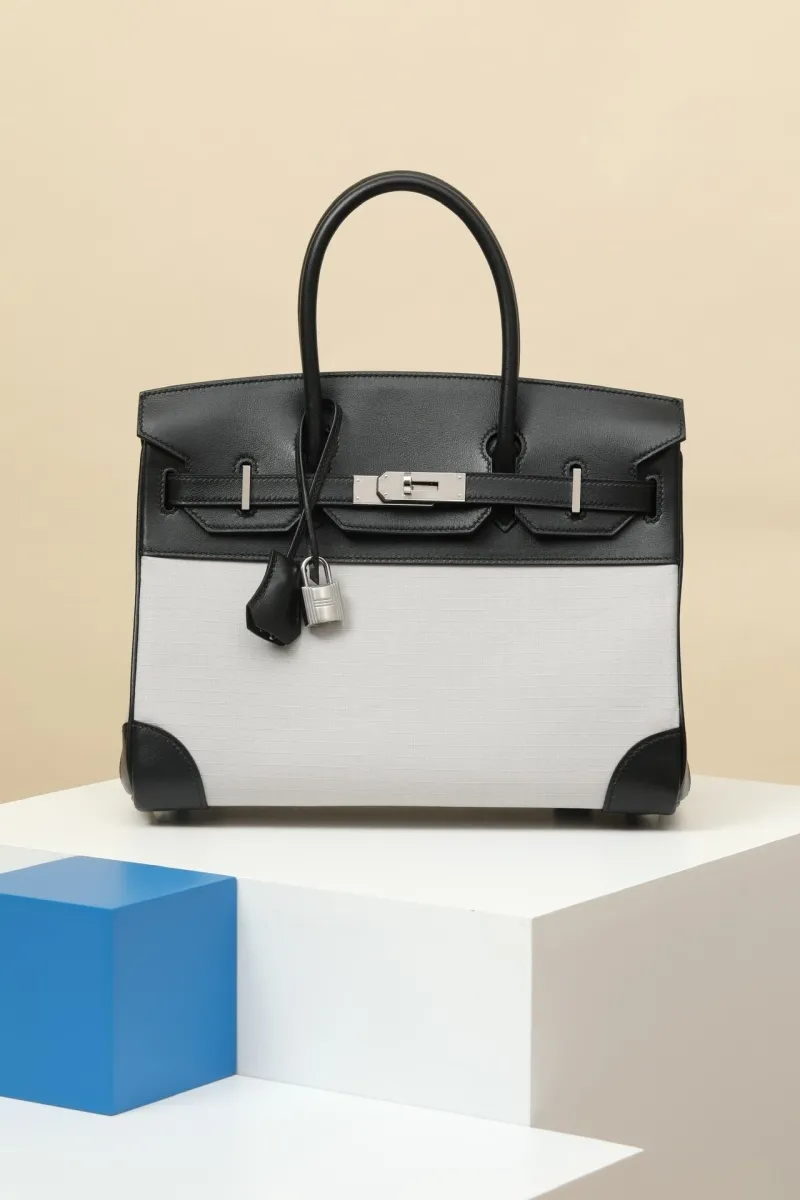 Hermes Birkin 29 Black and Light Gray Leather Handbag