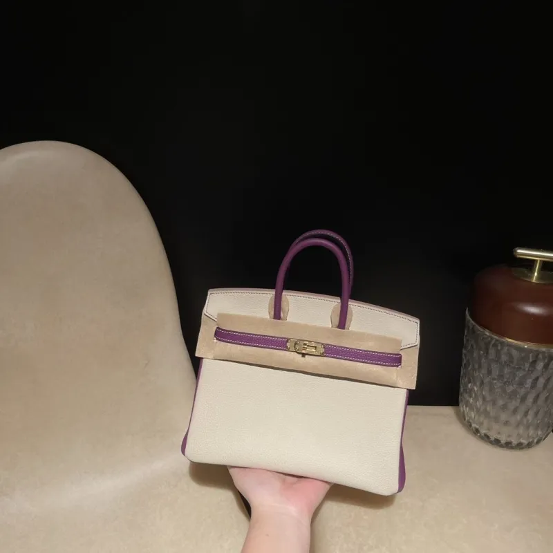 Hermes Birkin 36 Cream Purple Leather Handbag