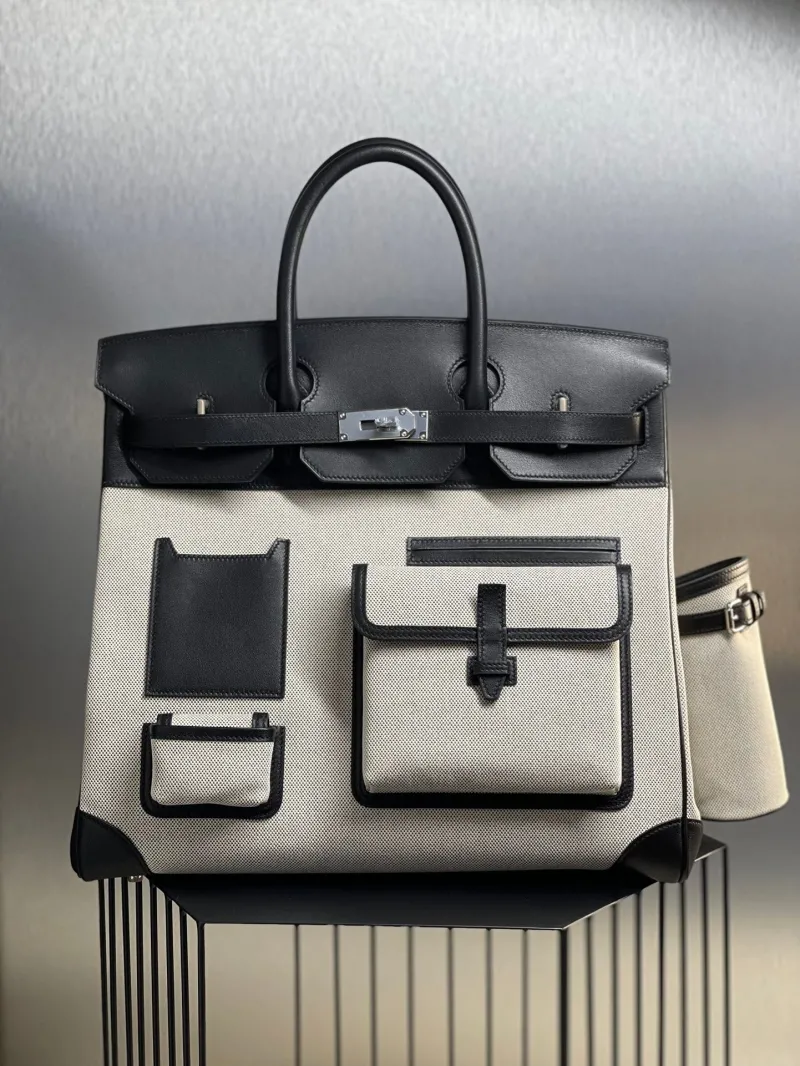 Hermes Birkin 51 Canvas Leather Handbag Black Beige