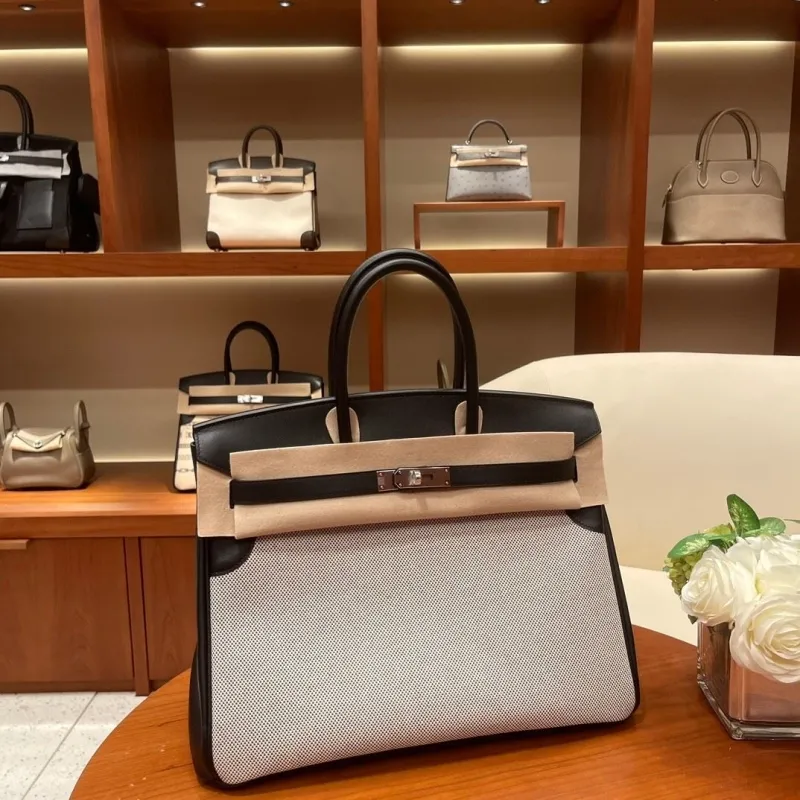 Hermes Birkin Black Beige Canvas Handbag