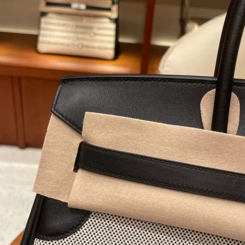 Hermes Birkin Black Beige Canvas Handbag - Image 4