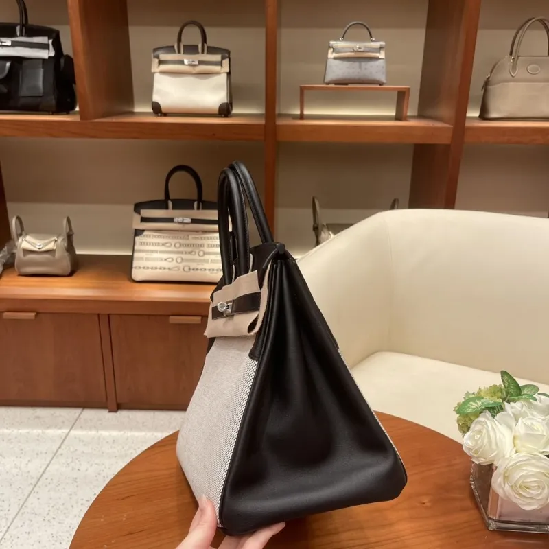 Hermes Birkin Black Beige Canvas Handbag - Image 5