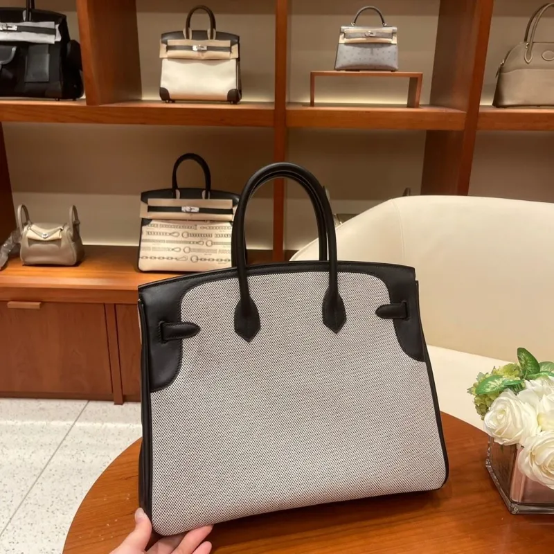 Hermes Birkin Black Beige Canvas Handbag - Image 6