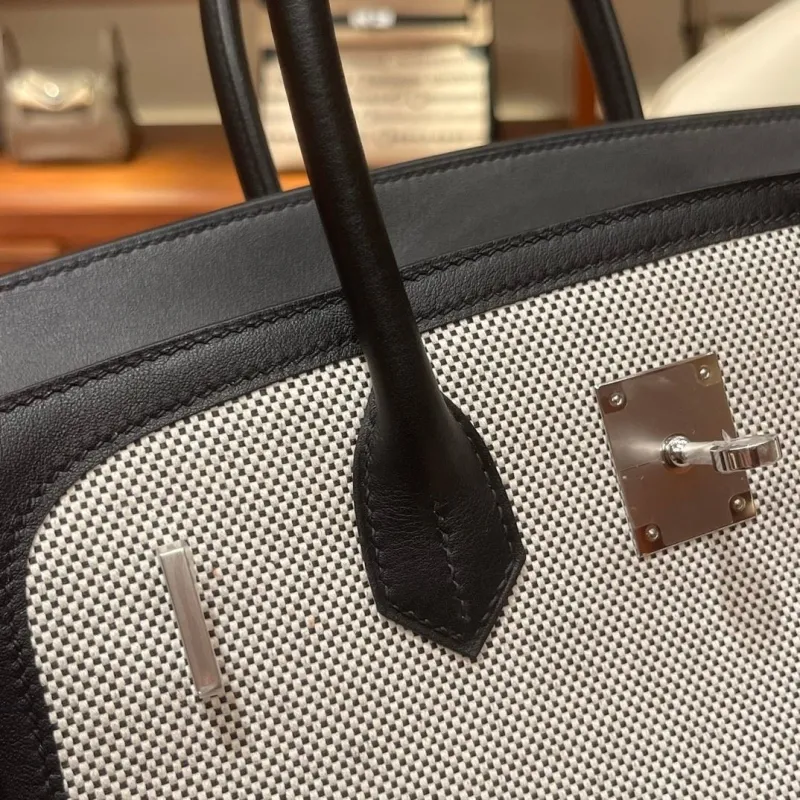 Hermes Birkin Black Beige Canvas Handbag - Image 7