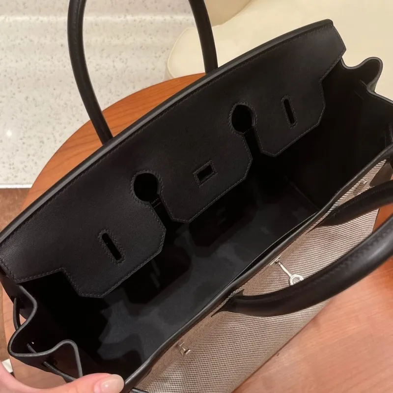 Hermes Birkin Black Beige Canvas Handbag - Image 8