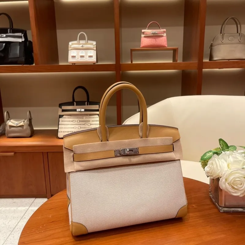 Hermes Birkin Beige Canvas Leather Handbag