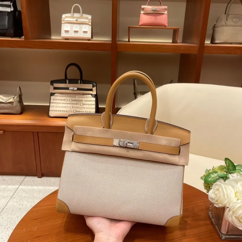 Hermes Birkin Beige Canvas Leather Handbag - Image 3