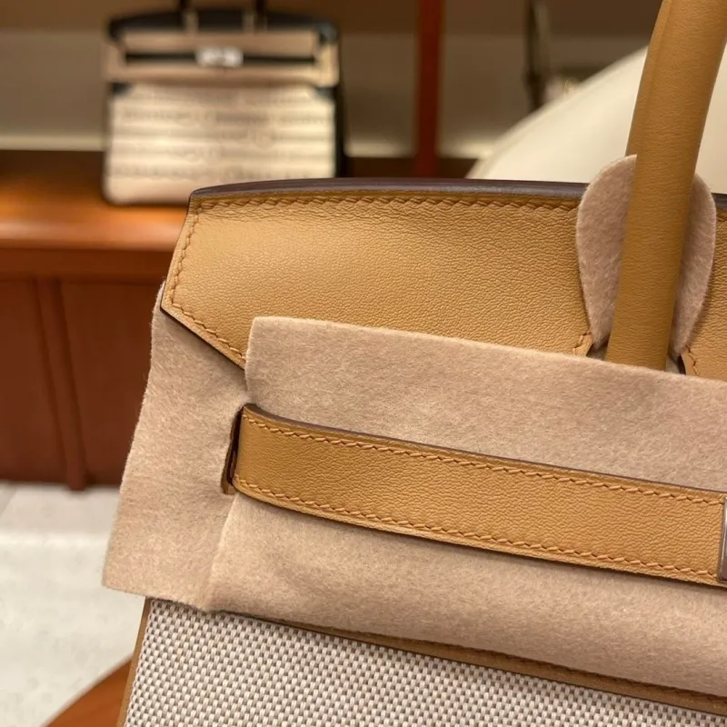 Hermes Birkin Beige Canvas Leather Handbag - Image 4