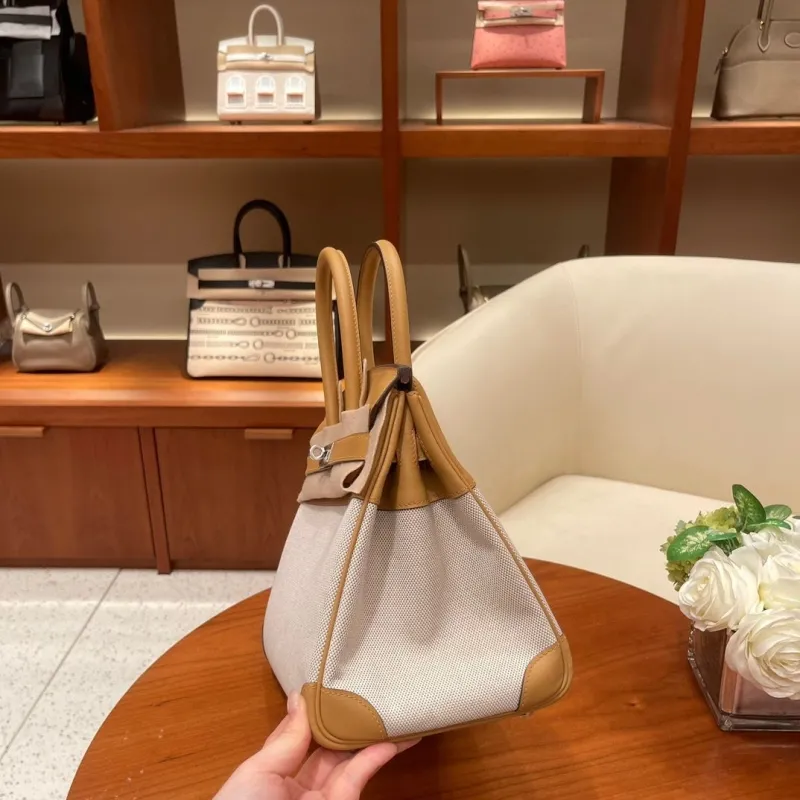 Hermes Birkin Beige Canvas Leather Handbag - Image 6