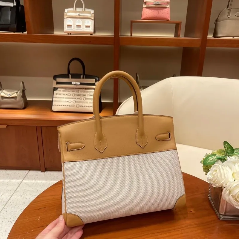 Hermes Birkin Beige Canvas Leather Handbag - Image 7