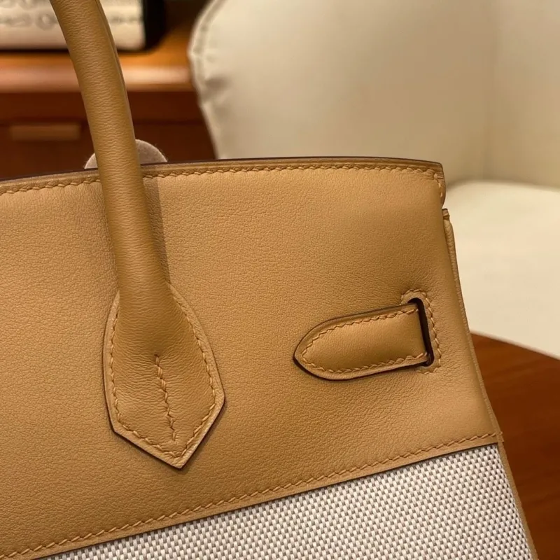 Hermes Birkin Beige Canvas Leather Handbag - Image 8