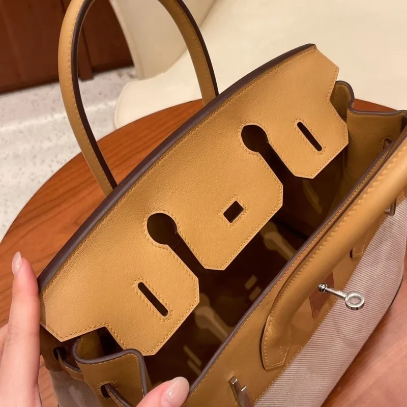 Hermes Birkin Beige Canvas Leather Handbag - Image 9