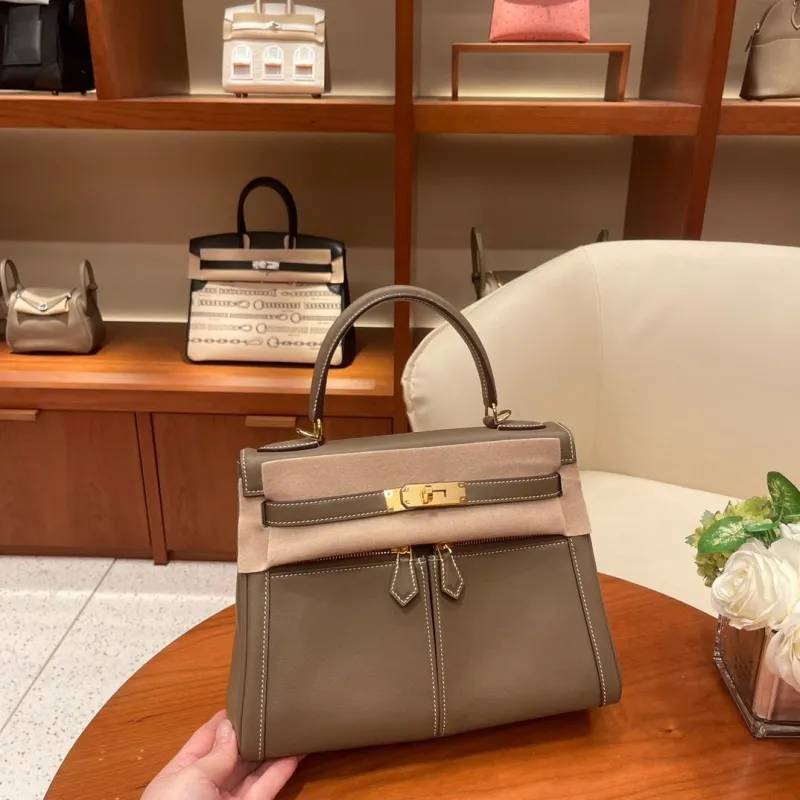 Hermes Taupe Leather Top Handle Kelly Handbag