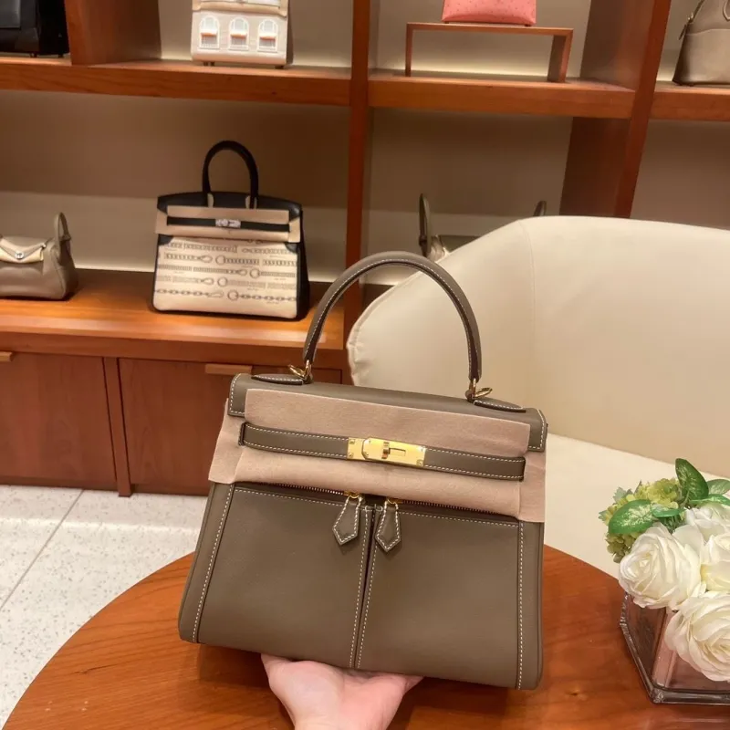 Hermes Taupe Leather Top Handle Kelly Handbag - Image 3