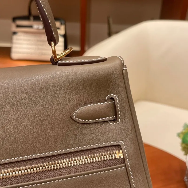 Hermes Taupe Leather Top Handle Kelly Handbag - Image 6