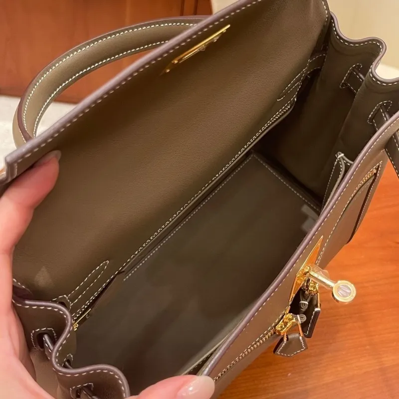 Hermes Taupe Leather Top Handle Kelly Handbag - Image 8