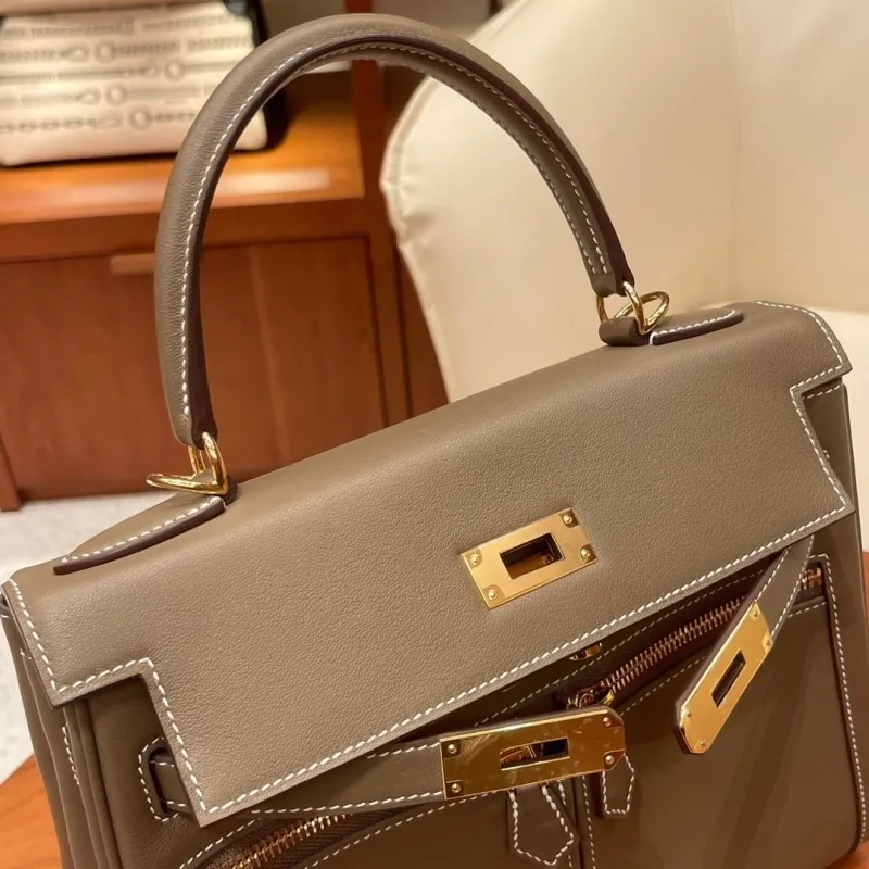 Hermes Taupe Leather Top Handle Kelly Handbag - Image 9