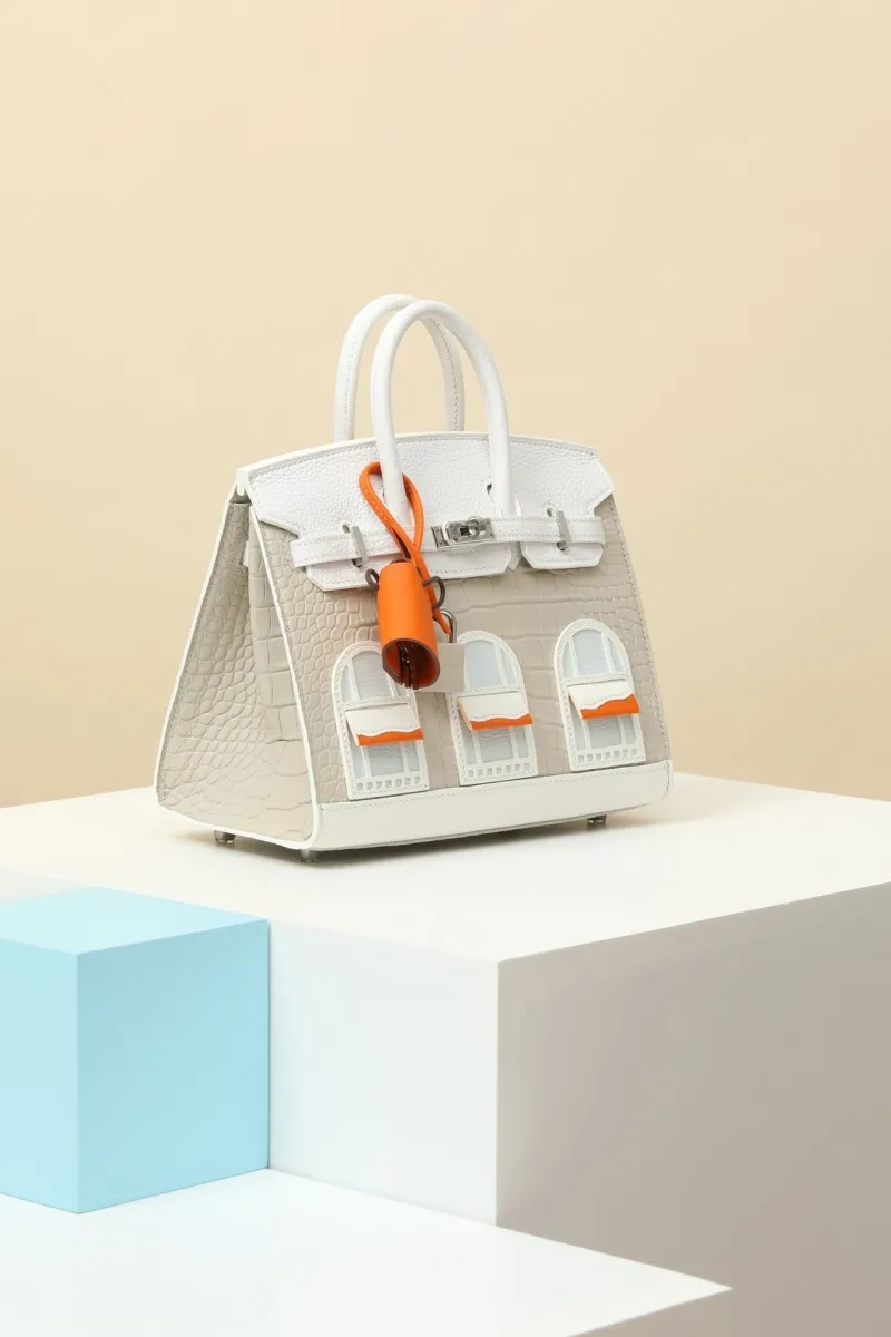 Hermes Birkin Crocodile Leather Handbag Light Gray White