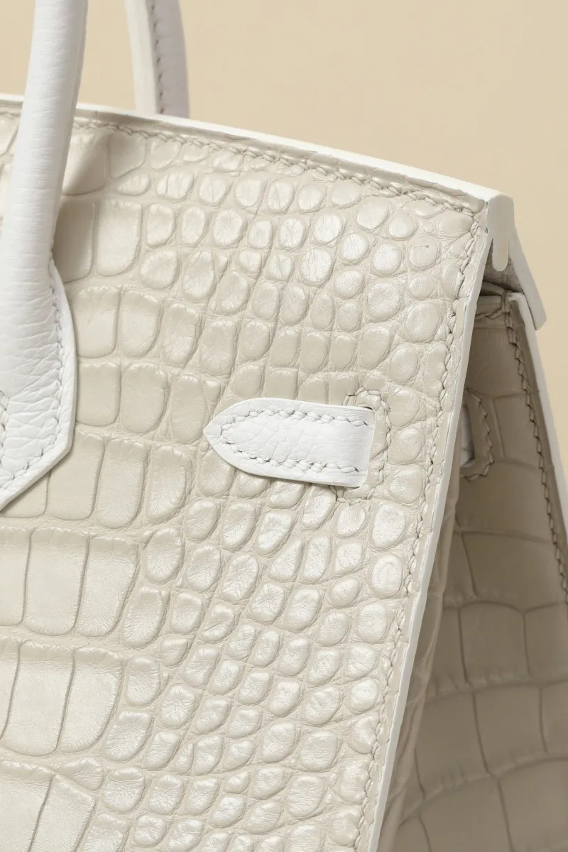 Hermes Birkin Crocodile Leather Handbag Light Gray White - Image 4