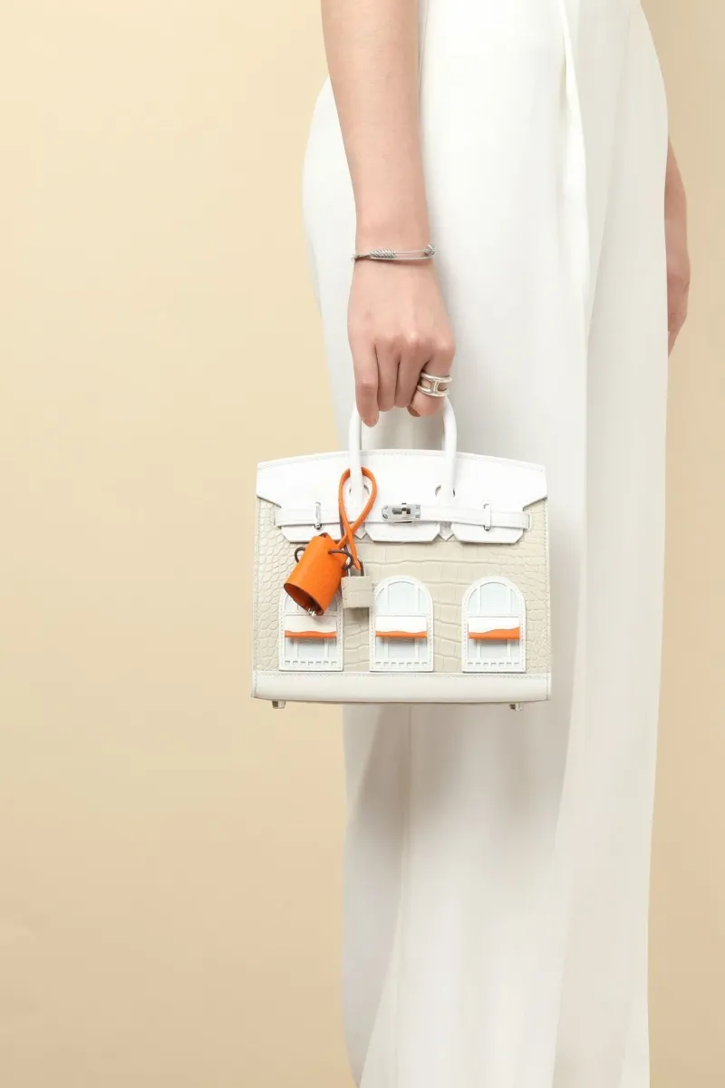 Hermes Birkin Crocodile Leather Handbag Light Gray White - Image 7