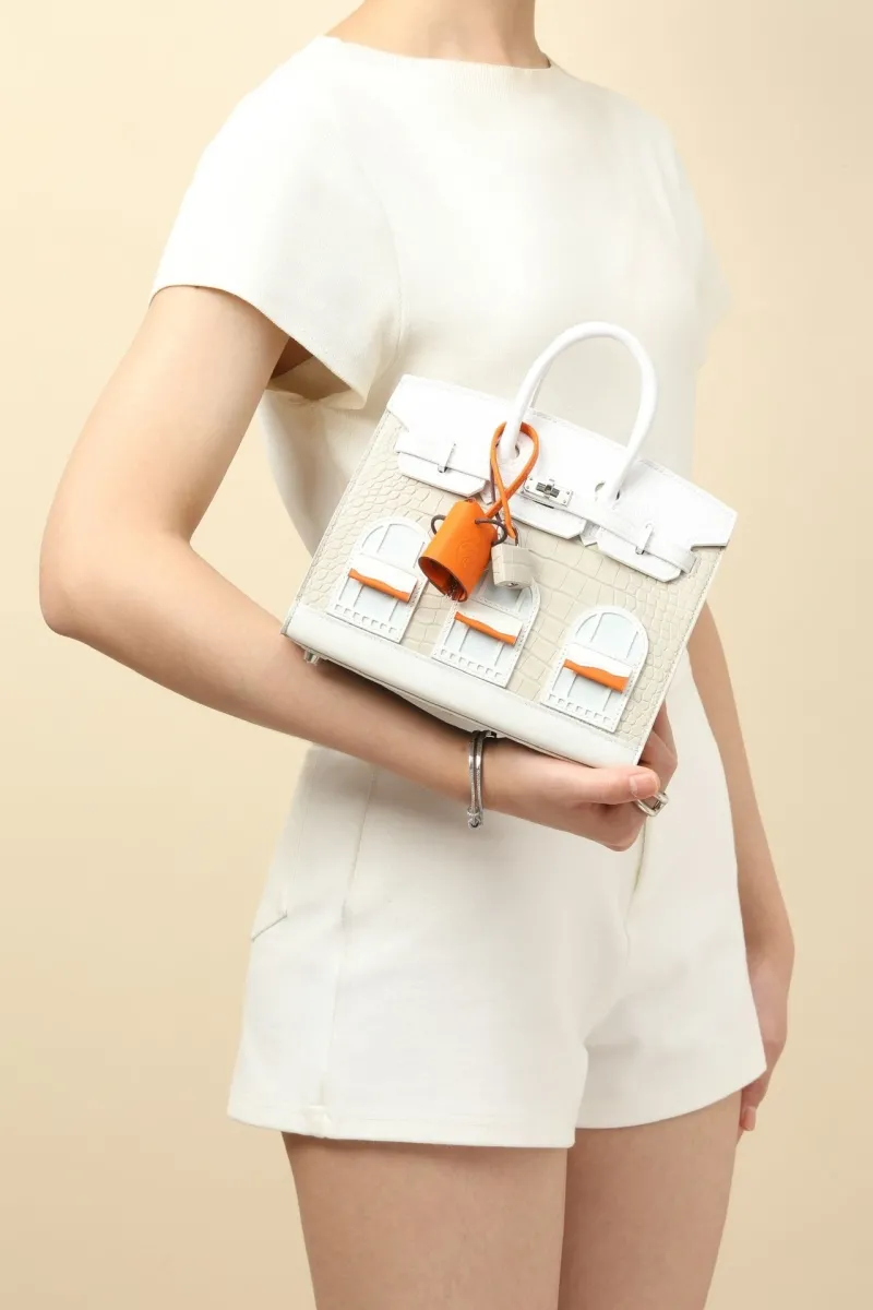 Hermes Birkin Crocodile Leather Handbag Light Gray White - Image 8