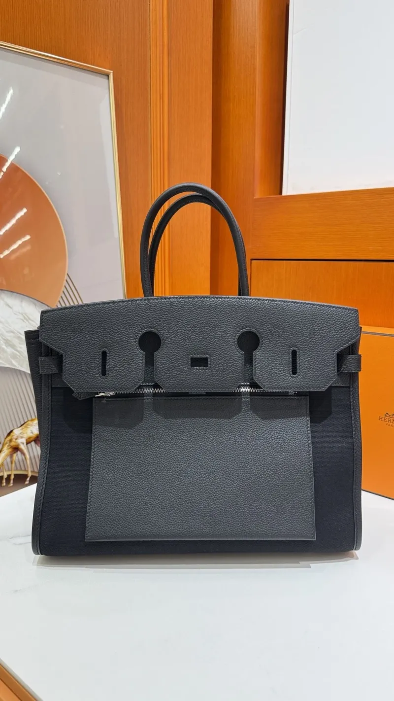Hermes Black Birkin Leather Canvas Tote Bag