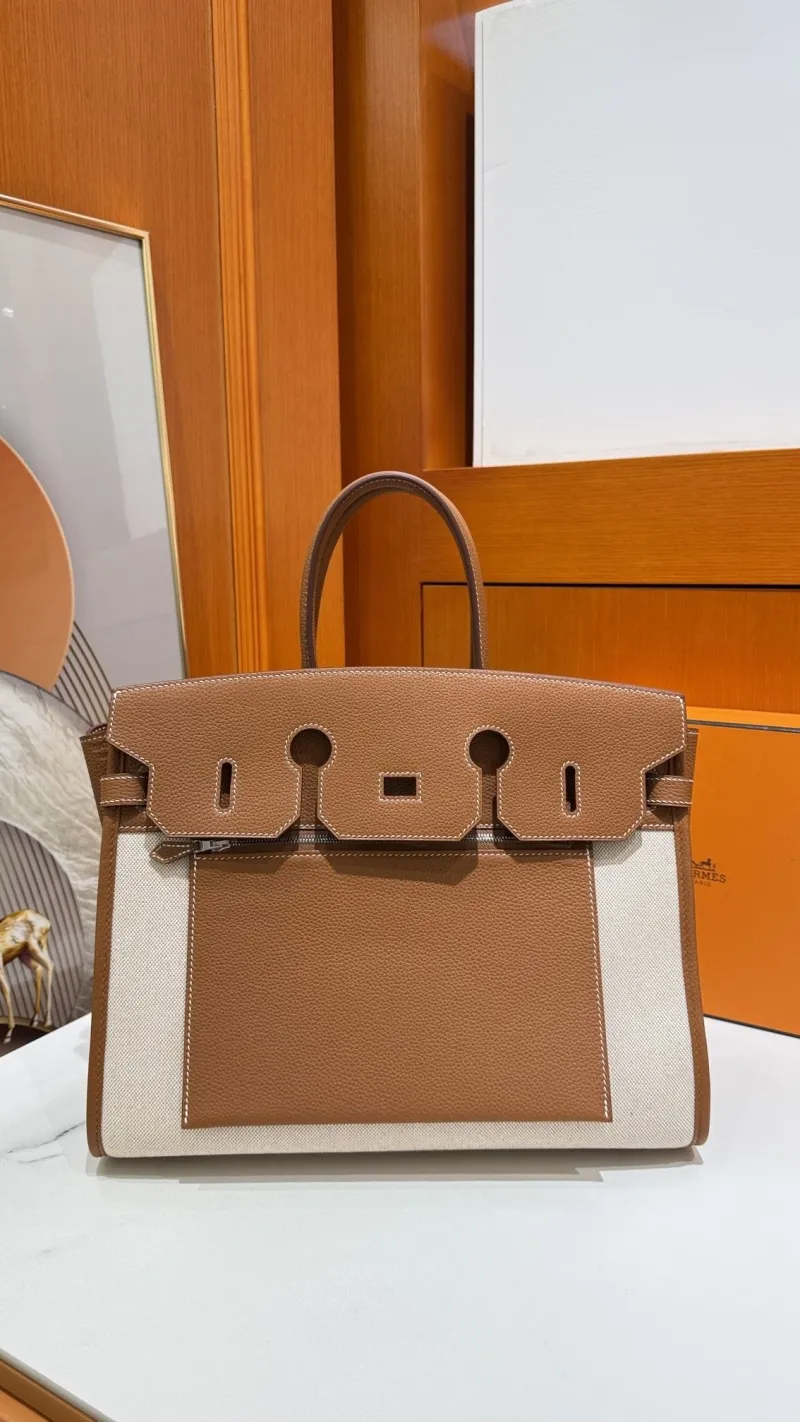 Hermes Birkin Brown Canvas Leather Handbag