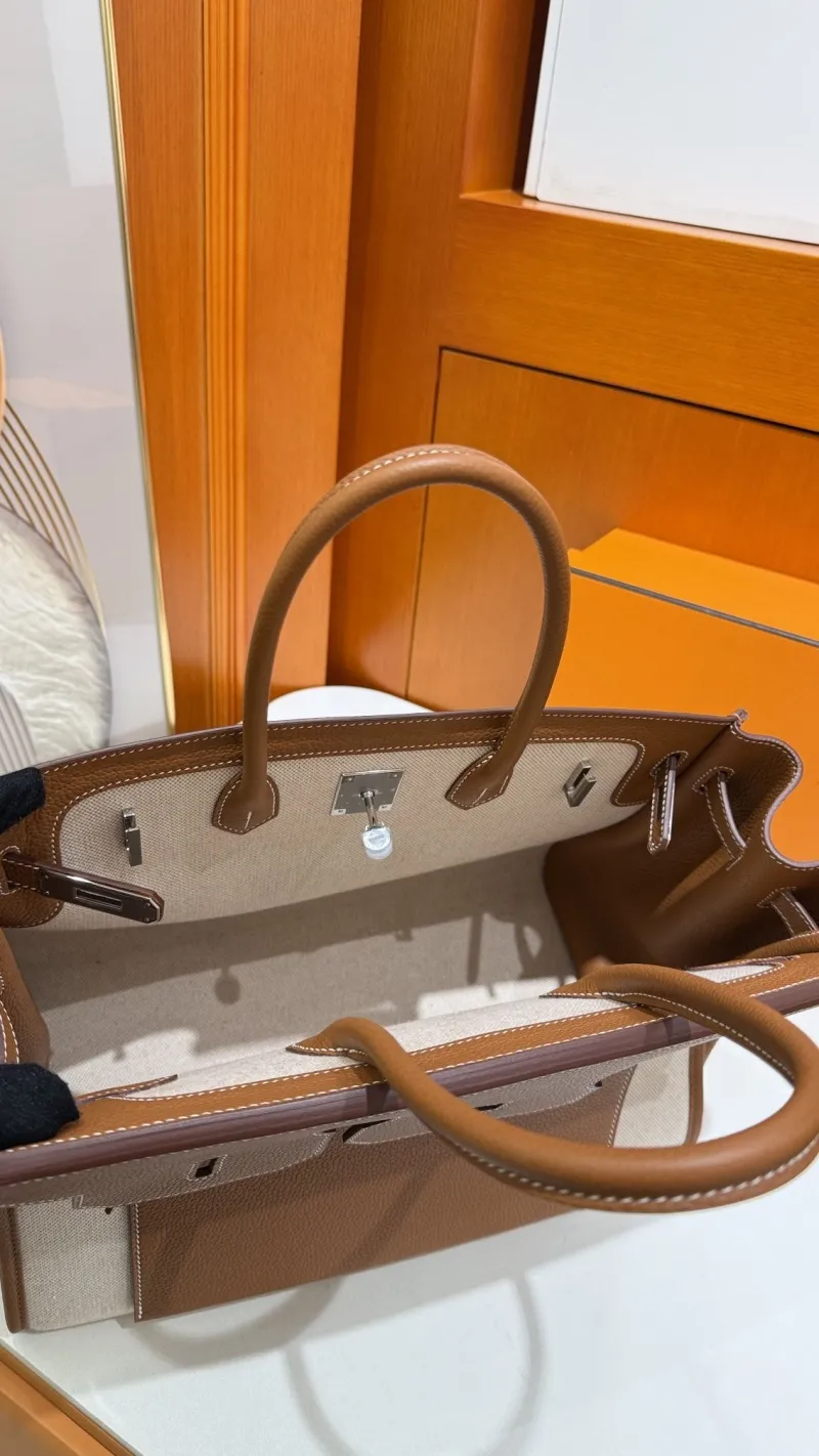Hermes Birkin Brown Canvas Leather Handbag - Image 6