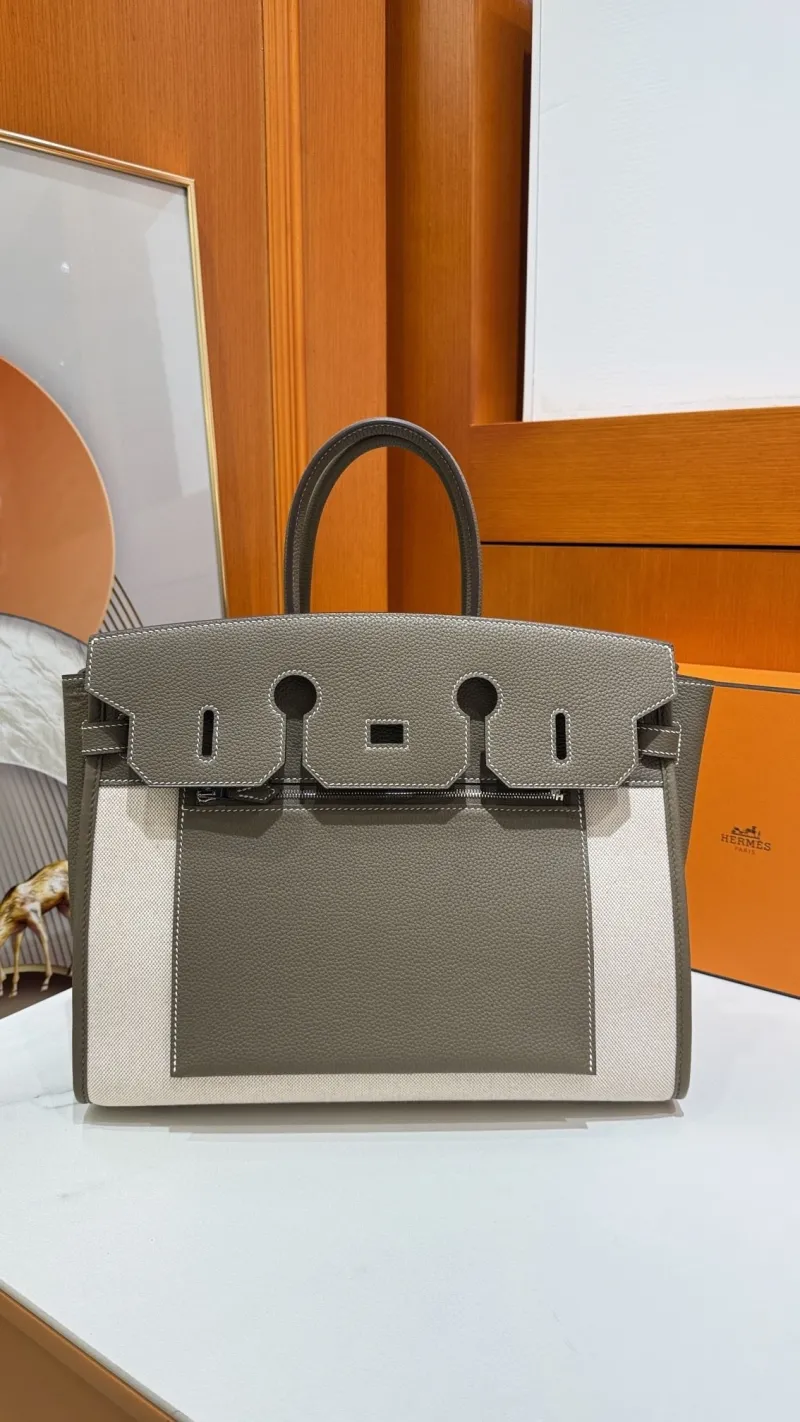 Hermes Gray Beige Leather Canvas Birkin Bag