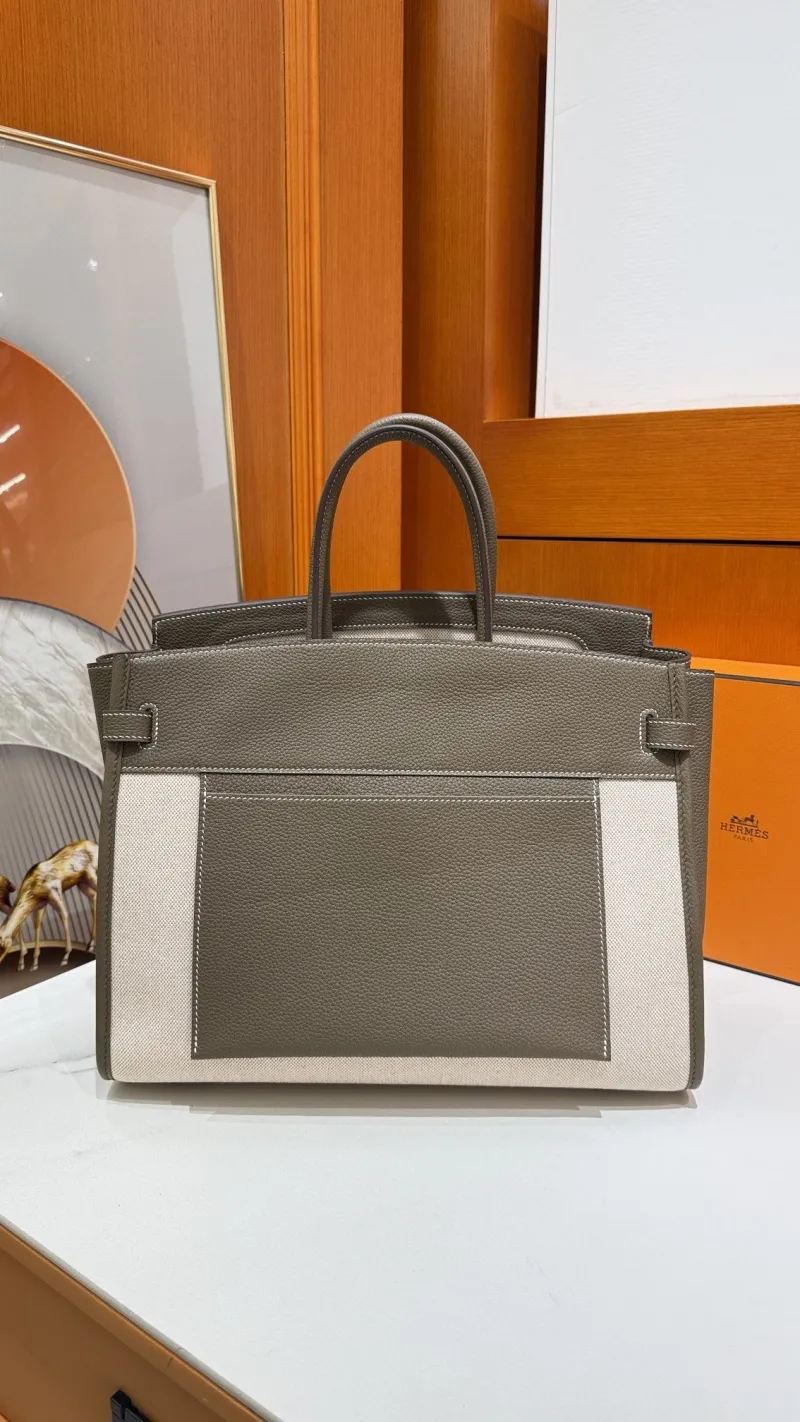 Alternative view of Hermes Gray Beige Leather Canvas Birkin Bag