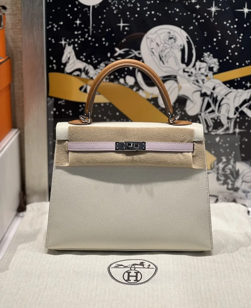 Hermes Cream Tan Lavender Leather Kelly Handbag