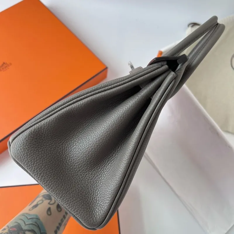Hermes Gray Leather Birkin Handbag - Image 3
