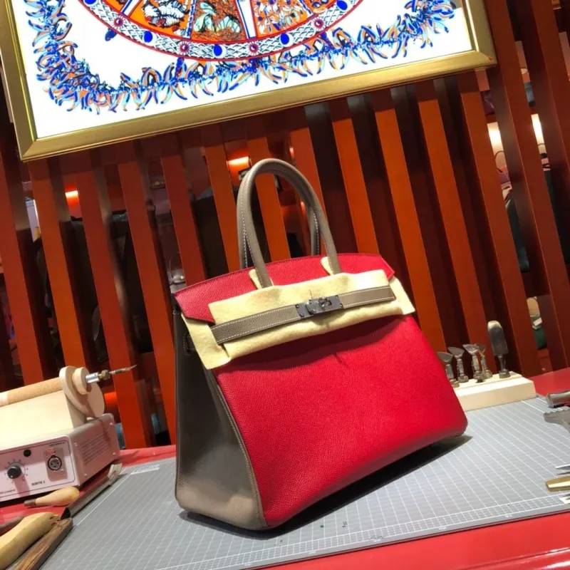 Hermes Red Taupe Birkin Leather Handbag 91 - Image 3