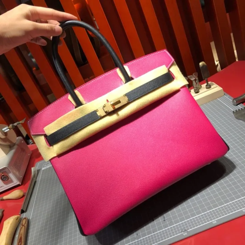 Hermes Pink Black Birkin Leather Handbag