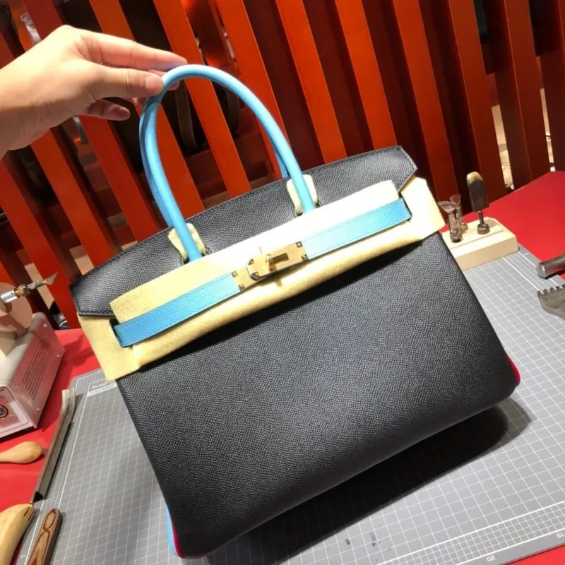 Hermes Birkin Black and Light Blue Leather Handbag 93