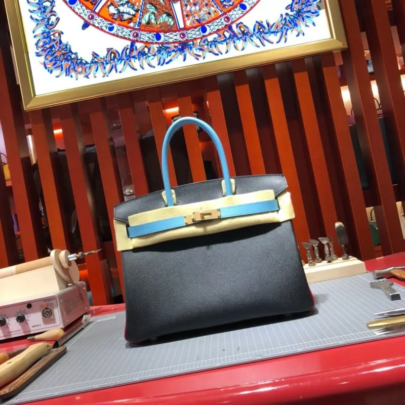 Alternative view of Hermes Birkin Black and Light Blue Leather Handbag 93